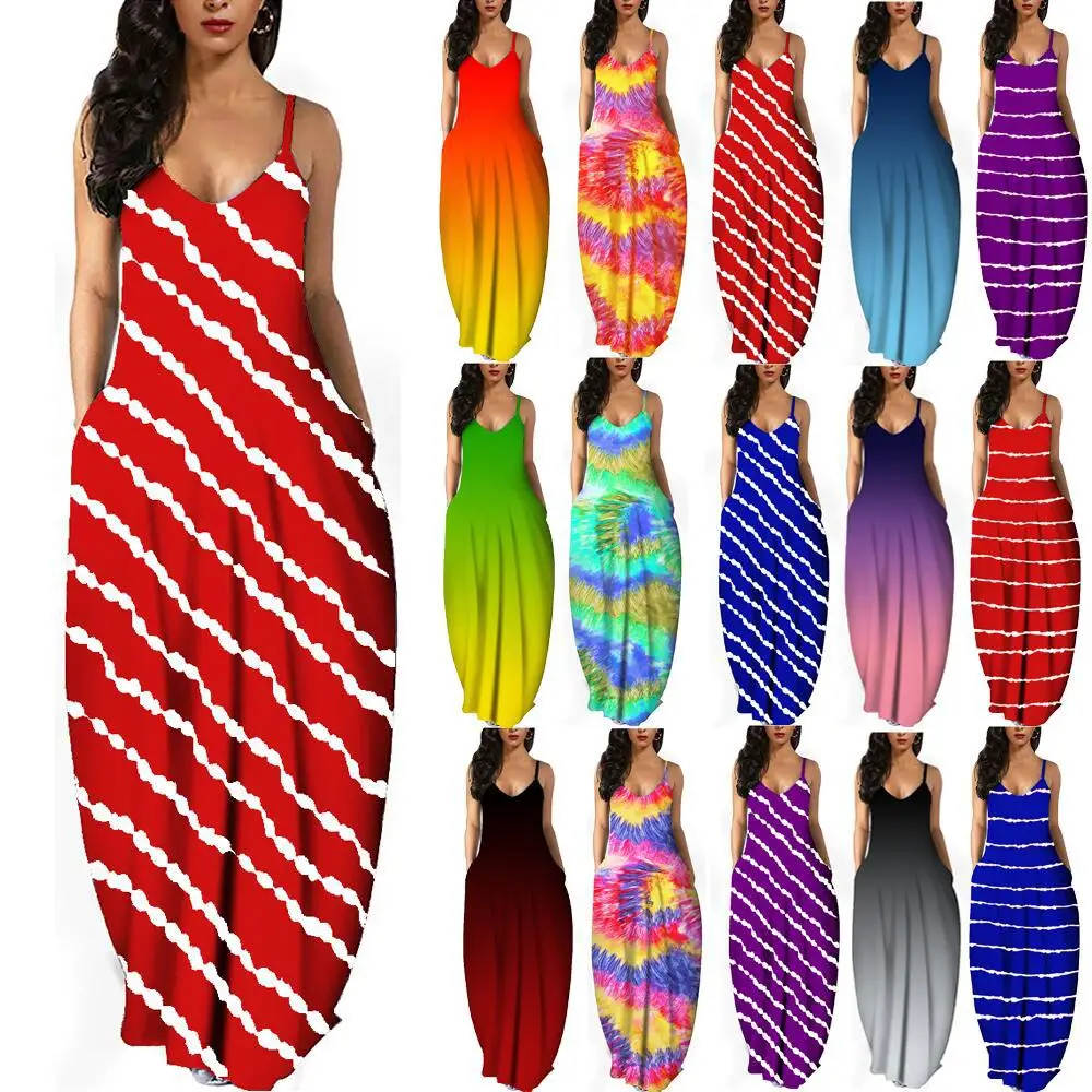 2021 Summer Hot Sale Tie Dye Gradient Stripe Print V-Neck Spaghetti Strap Dress Beach Hawaii Party Long Casual Dresses, Picture
2021 Summer Hot Sale Tie Dye Gradient Stripe Print V-Neck Spaghetti Strap Dress Beach Hawaii Party Long Casual Dresses, Picture