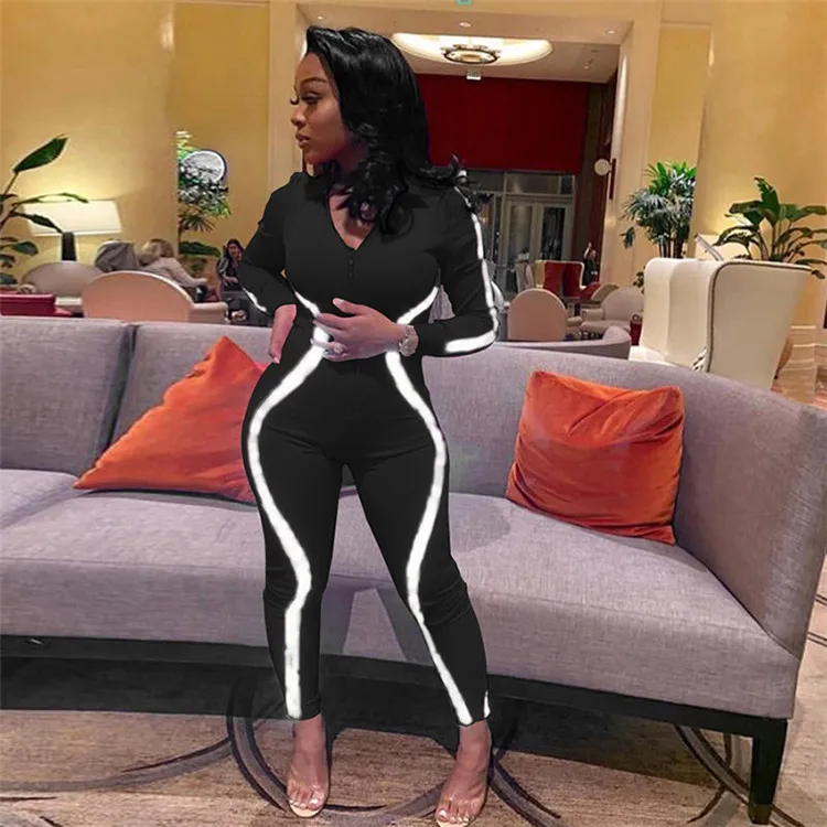 Reflective Striped Sports Jumpsuit Women Zipper Long Sleeve Rompers Turtleneck Elastic Jumpsuits Patchwork Bodysuit 2020, Gray/black/orange
Reflective Striped Sports Jumpsuit Women Zipper Long Sleeve Rompers Turtleneck Elastic Jumpsuits Patchwork Bodysuit 2020, Gray/black/orange