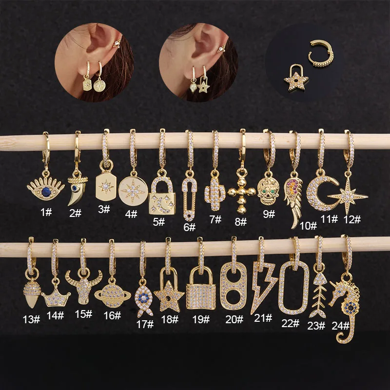 

New Type Gold CZ Dangle Huggie Hoop Earring cross Spike Star Skull Charm Hoop Cartilge Earring Lobe Piercing Jewelry