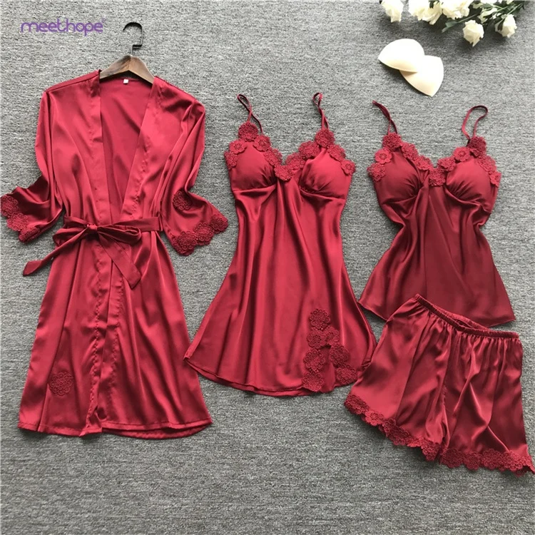 Women Faux Silk Dressing Lace Sling Shorts 4 piece nighty online shopping Pajamas Set With Chest Pads, Existing or as customer's require
Women Faux Silk Dressing Lace Sling Shorts 4 piece nighty online shopping Pajamas Set With Chest Pads, Existing or as customer's require