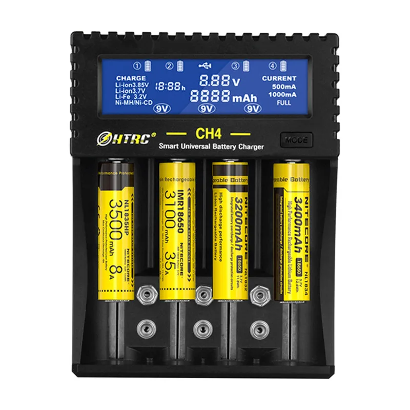 

HTRC CH4 Battery Charger Li-ion Li-fe Ni-MH Ni-CD Smart Fast Charger for 18650 26650 6F22 9V AA AAA 16340 14500 Battery Charger