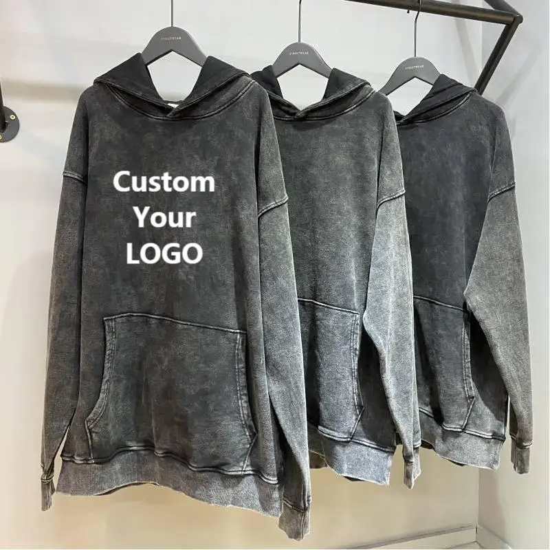 

Men's Custom Hoodie Sweatshirt Plain Oversized Blank Hoodies Bulk Cotton Pullover Vintage Stone Acid Washed Hoodie, Black