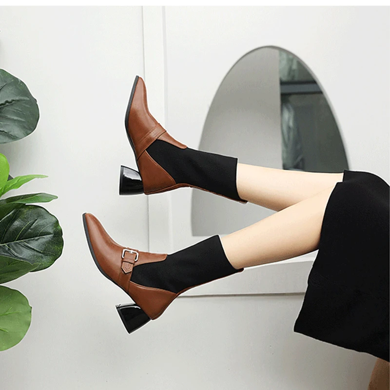 New Winter Square Head Splicing Thick Heel Women's Knit Winter Boots, Black/white/dark brown
New Winter Square Head Splicing Thick Heel Women's Knit Winter Boots, Black/white/dark brown
