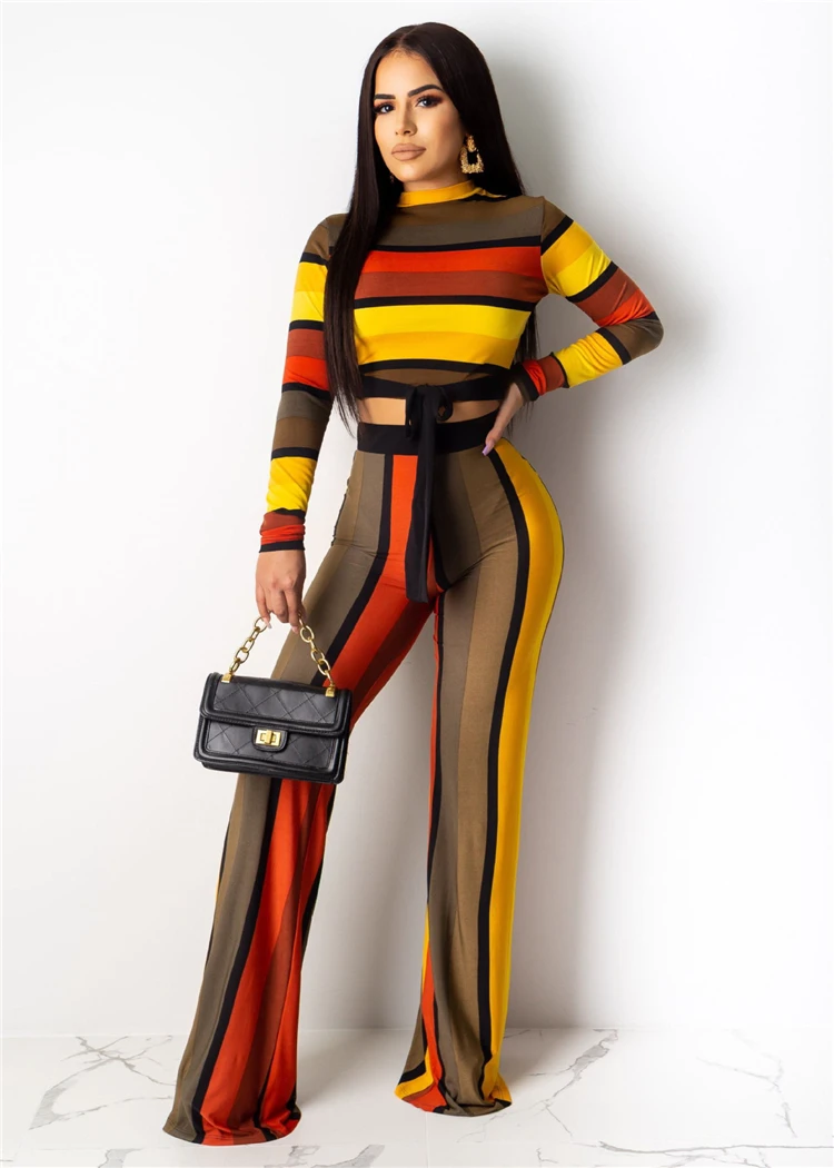 C90567 Fashion long sleeve t shirt wide leg pants color stripe printing two piece set for woman