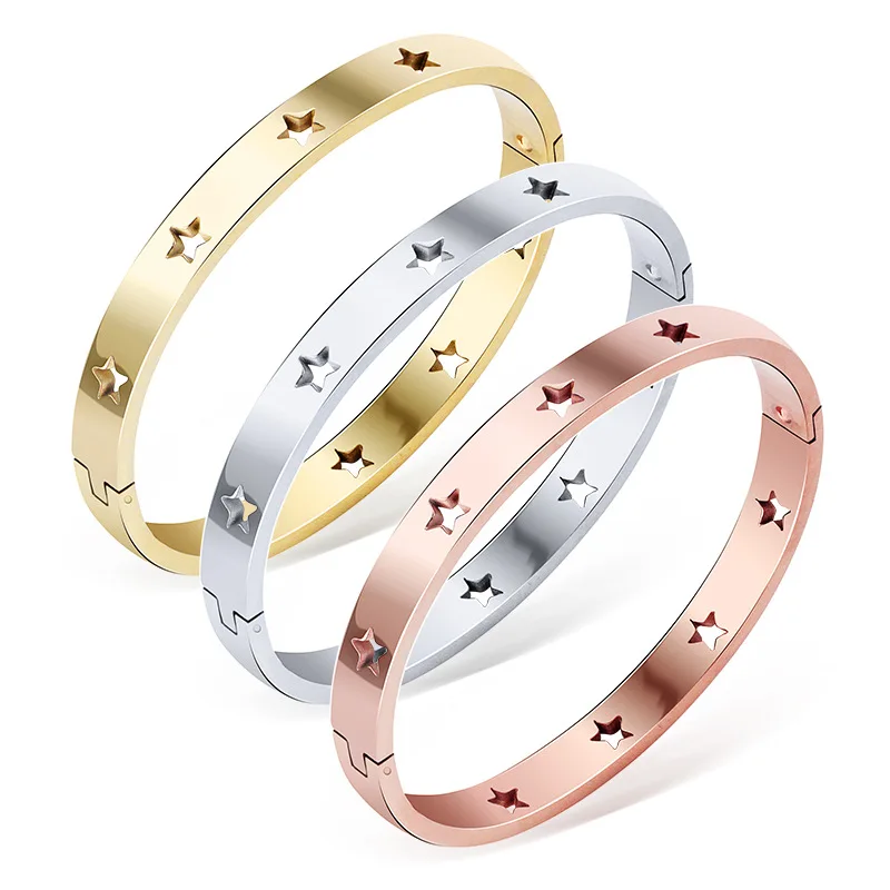 Wholesale Anniversary Gift Hollow Star Lady Jewelry Rose Gold Plated Stainless Steel Women Bangle Bracelet
Wholesale Anniversary Gift Hollow Star Lady Jewelry Rose Gold Plated Stainless Steel Women Bangle Bracelet