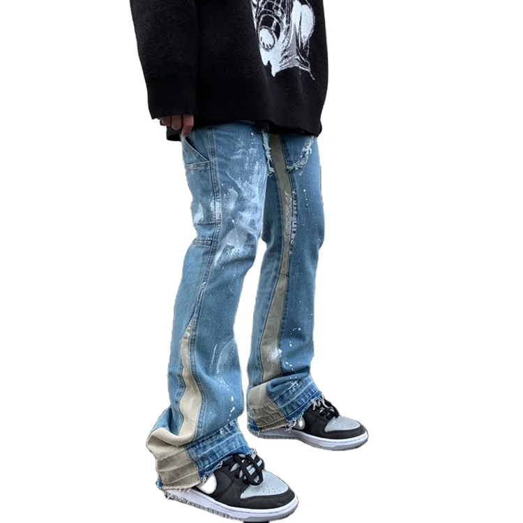 HUNTW OEM custom plus size blue denim splash ink painted patchwork flare men jeans pants 2021
HUNTW OEM custom plus size blue denim splash ink painted patchwork flare men jeans pants 2021