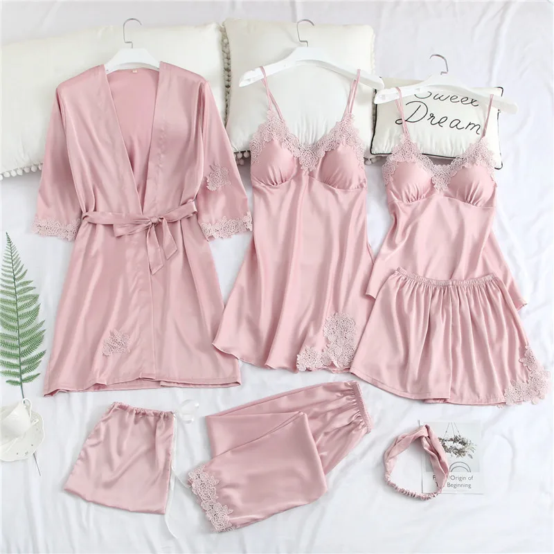 7 piece Summer Home Wear Bottoms Chest Pad Silk Satin Women Pajamas Robe Set Pant Lace Sexy women Sleepwear, Blue pink red
7 piece Summer Home Wear Bottoms Chest Pad Silk Satin Women Pajamas Robe Set Pant Lace Sexy women Sleepwear, Blue pink red