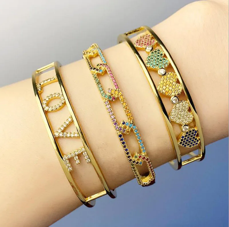 18K European American New 2021 Micro-inlaid Zircon Color Heart Bracelet Letter LOVE Open Bracelet
18K European American New 2021 Micro-inlaid Zircon Color Heart Bracelet Letter LOVE Open Bracelet