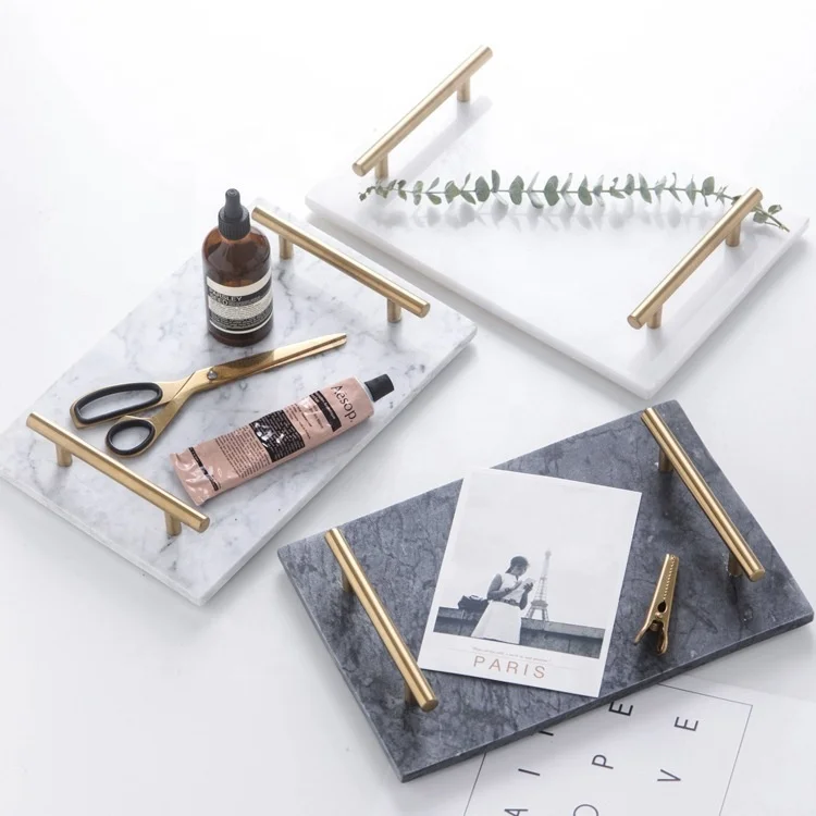 Nordic style natural marble tray shelf cosmetic tray rectangular golden handle cake fruit sushi tray
Nordic style natural marble tray shelf cosmetic tray rectangular golden handle cake fruit sushi tray