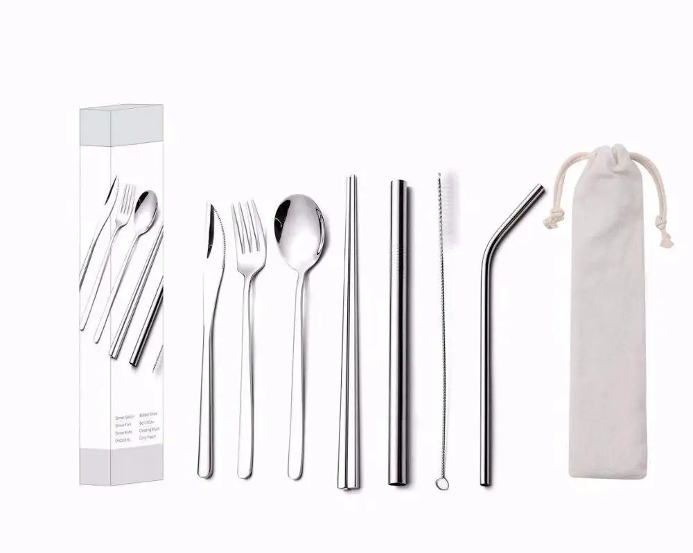 Reusable tableware travel 7 pcs metal straws cutlery set with pouch and Paper box
Reusable tableware travel 7 pcs metal straws cutlery set with pouch and Paper box