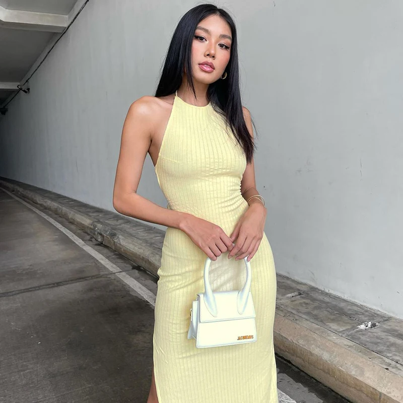 Winter New Arrivals Solid Yellow Halter Knitted Dress Sexy Backless Cheap Dress Midi For Women
Winter New Arrivals Solid Yellow Halter Knitted Dress Sexy Backless Cheap Dress Midi For Women
