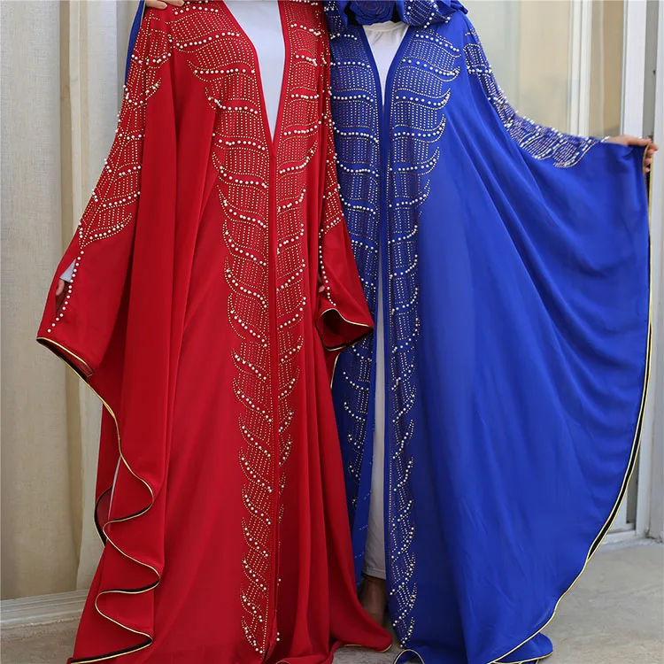 

Muslim New Kaftan Sequin Stone Bat Sleeves Turkish With Pearls Hooded Islamic Clothing Women Kimono Dubai Abaya, 6 colors in stock accepted customzied design