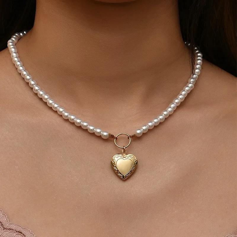 factory wholesale Heart Pearl Choker Chain Link Necklace for Women, As photo 
factory wholesale Heart Pearl Choker Chain Link Necklace for Women, As photo