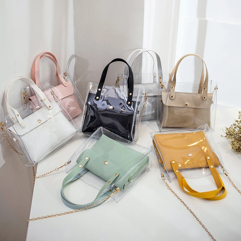 PVC female bag 2021 summer new style chain portable single shoulder diagonal bag transparent 2pcs small bag, Customizable
PVC female bag 2021 summer new style chain portable single shoulder diagonal bag transparent 2pcs small bag, Customizable