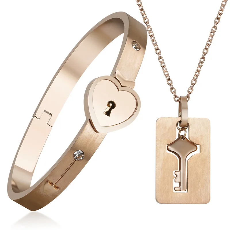 Valentine's Day Gift Lovers Jewelry Gift Couple Stainless Steel Key Pendant Necklace And Heart Lock Bangle Bracelet Jewelry Set, Silver,rose gold,black,gold
Valentine's Day Gift Lovers Jewelry Gift Couple Stainless Steel Key Pendant Necklace And Heart Lock Bangle Bracelet Jewelry Set, Silver,rose gold,black,gold