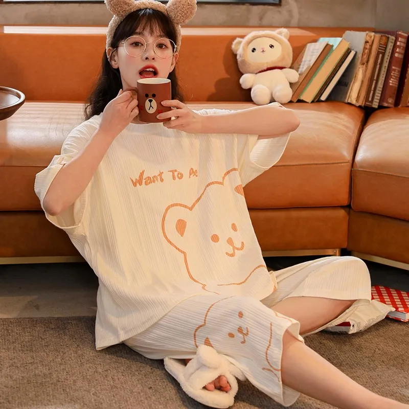 Plus Size Women's sleepwear Women's Summer Cotton Short-sleeve Cropped Trousers Pajamas Summer Casual Large Size Home Clothes
Plus Size Women's sleepwear Women's Summer Cotton Short-sleeve Cropped Trousers Pajamas Summer Casual Large Size Home Clothes
