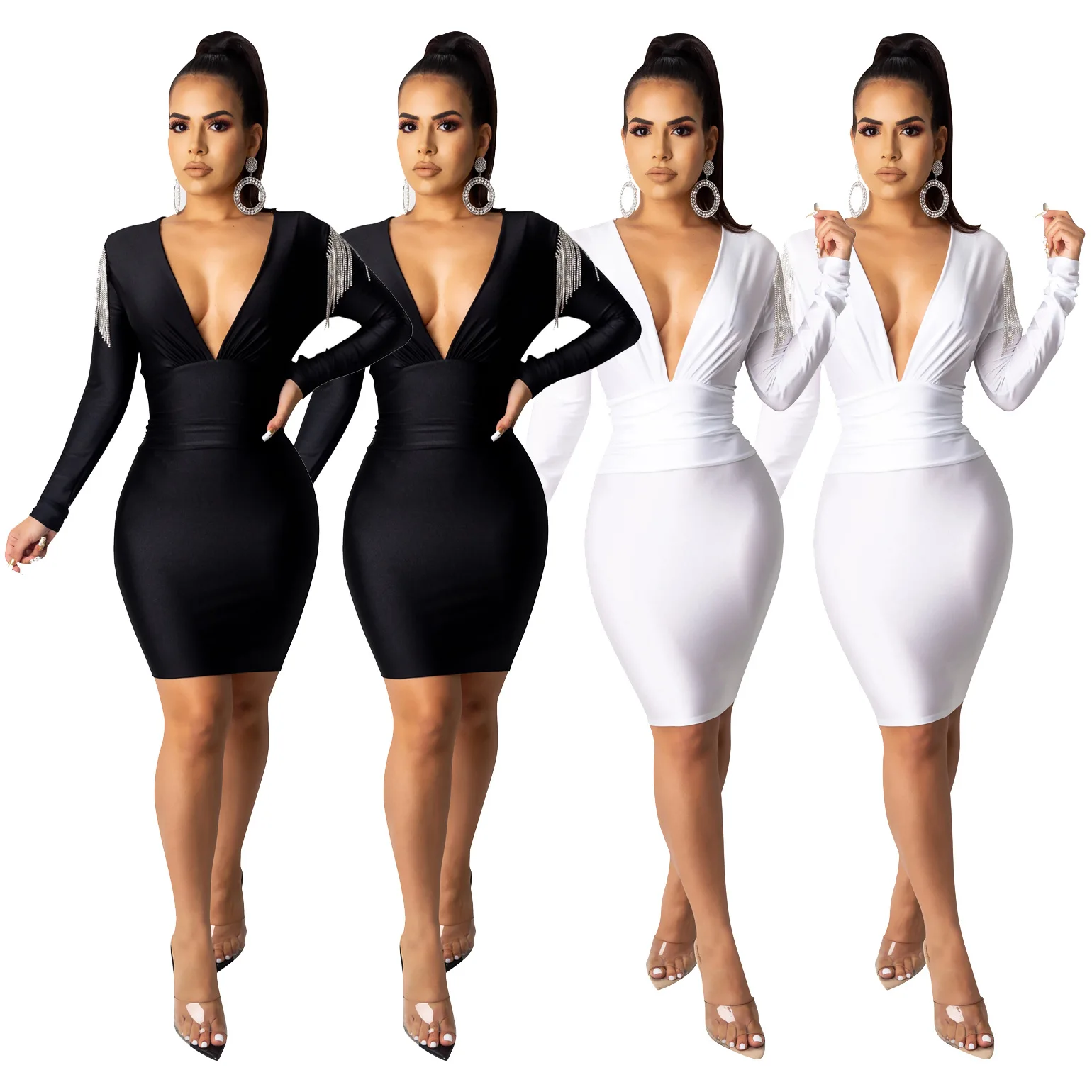 Women Dresses Tassel Shoulder Bodycon Party Sexy Tight Mini Dress Elegant Autumn Fall Deep V Ladies Female Clothing
Women Dresses Tassel Shoulder Bodycon Party Sexy Tight Mini Dress Elegant Autumn Fall Deep V Ladies Female Clothing