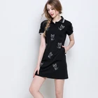 fashion summer cartoon cat embroidery turn-down collar short sleeve patchwork polo dress
