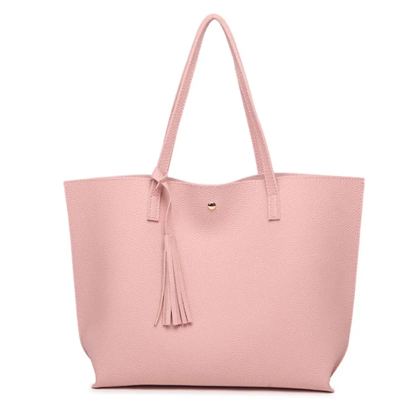 

Women Shoulder Bag Personalized Button Pink PU Leather Fringe Tassel Tote Bag, As picture show