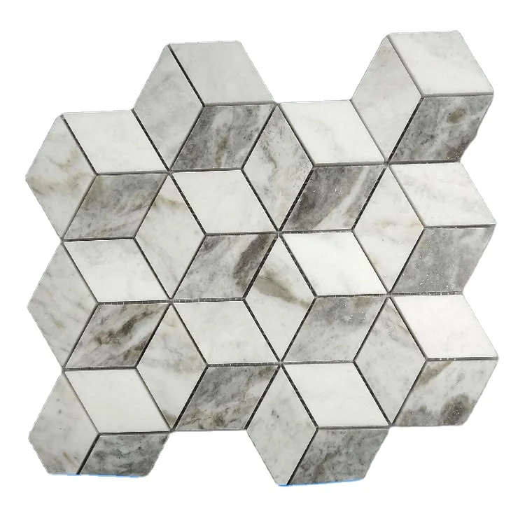 Italy grey mixed carrara white rhombus mosaic marble 3d floor tile