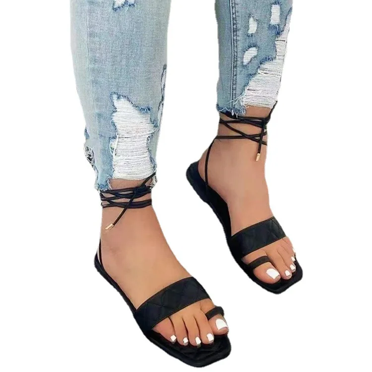 2021 New Arrival Women Shoes Summer Fashion Square Toe Bandage Comfortable Flat Sandals, Picture