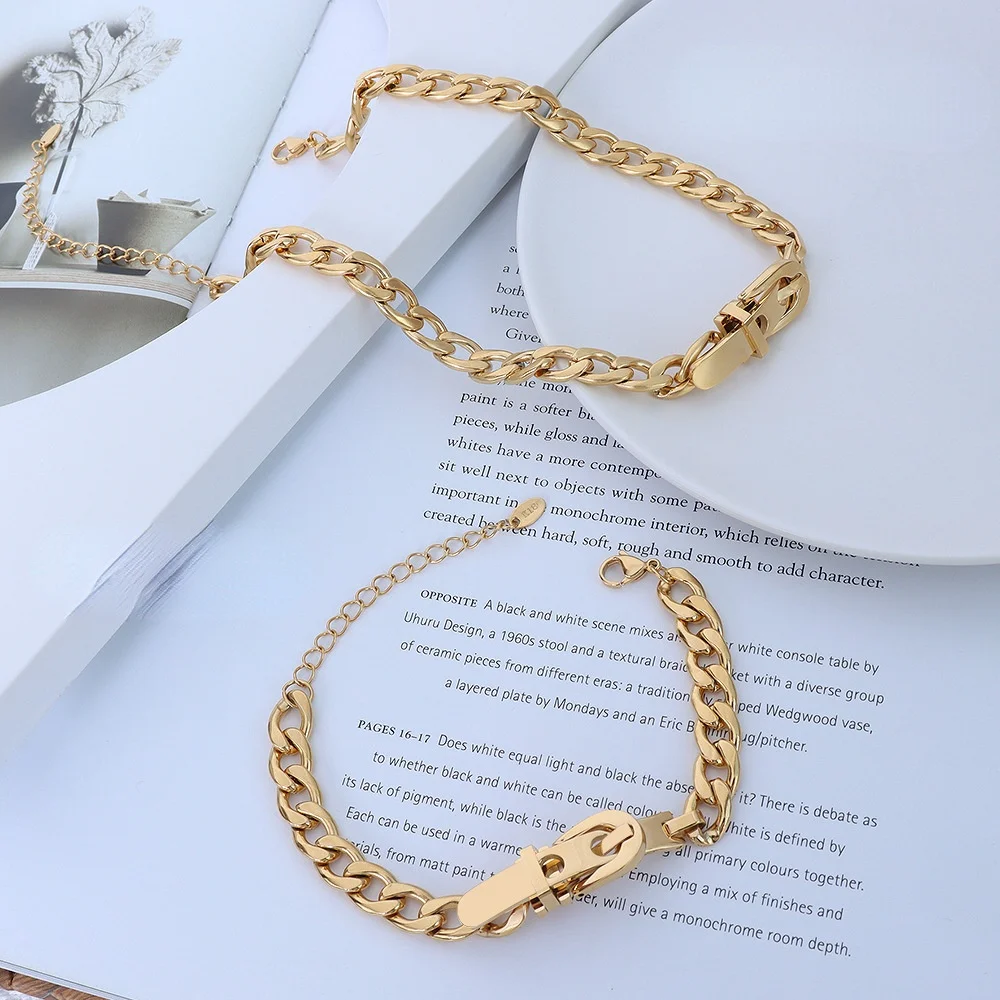 Statement Strap Buckle Gold Plated Belt Stainless Steel Necklace Bracelet Jewelry Set
Statement Strap Buckle Gold Plated Belt Stainless Steel Necklace Bracelet Jewelry Set