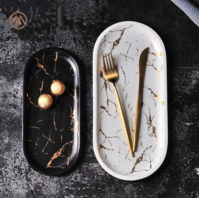 Nordic style marbled ceramic oval western plate sushi plate household tray, White & black
Nordic style marbled ceramic oval western plate sushi plate household tray, White & black