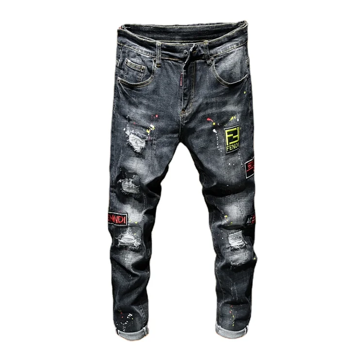 New 2020 men's male trend hole embroidery jeans spray paint personalized printing pattern beggar pants trousers, Picture color
New 2020 men's male trend hole embroidery jeans spray paint personalized printing pattern beggar pants trousers, Picture color