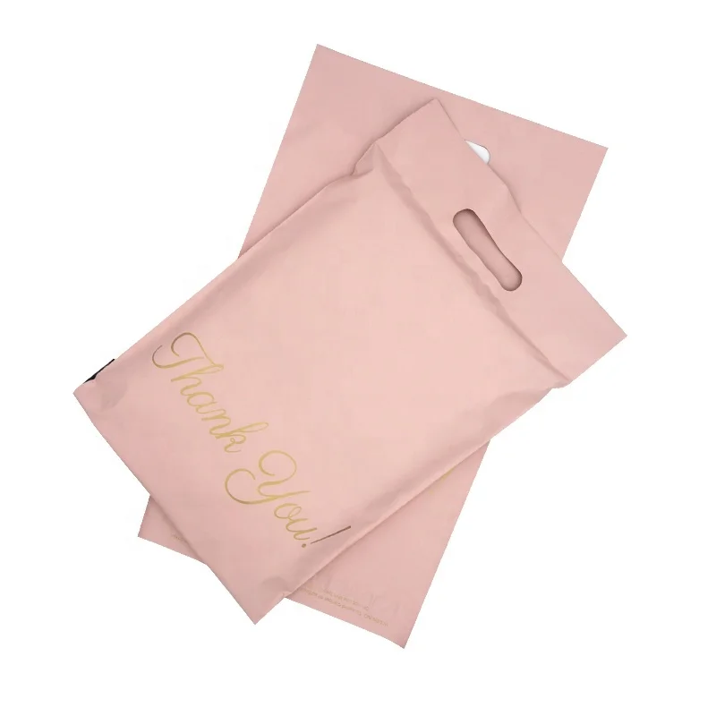 

wholesale eco-friendly custom logo gold thank you pink poly mailer bag with handle