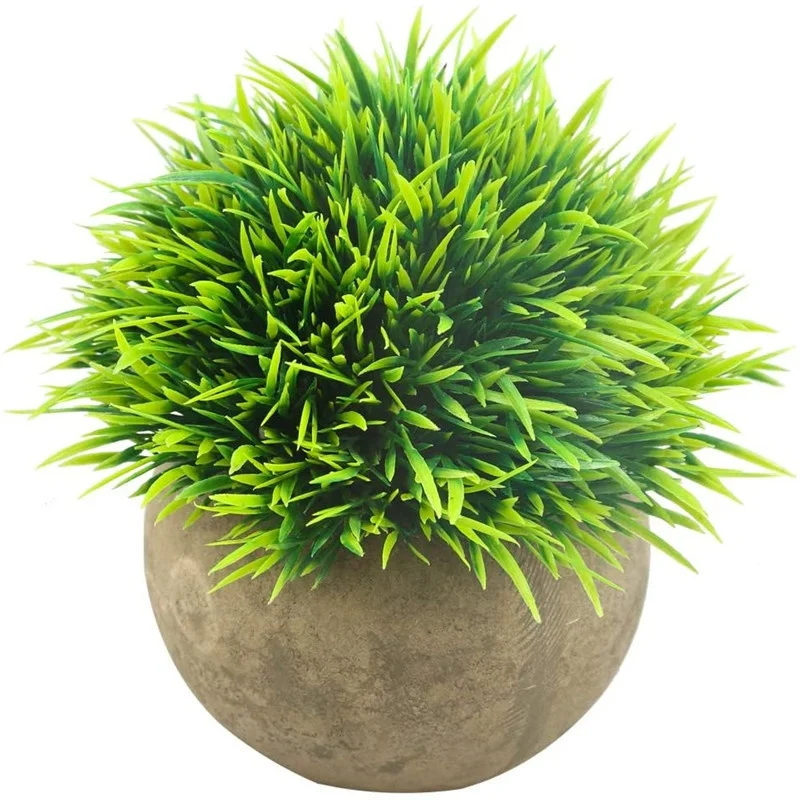 

Mini Artificial Potted Plants Plastic Green Grass Faux Greenery Topiary Shrubs with Grey Pots for Bathroom Home Decoration