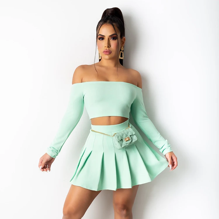 Summer Spring 2021 Clothing Fashion Off The Shoulder Crop Top And Skirts Solid Two Pieces Skirts Outfits Pleated Skirt Set Women, Cyan
Summer Spring 2021 Clothing Fashion Off The Shoulder Crop Top And Skirts Solid Two Pieces Skirts Outfits Pleated Skirt Set Women, Cyan