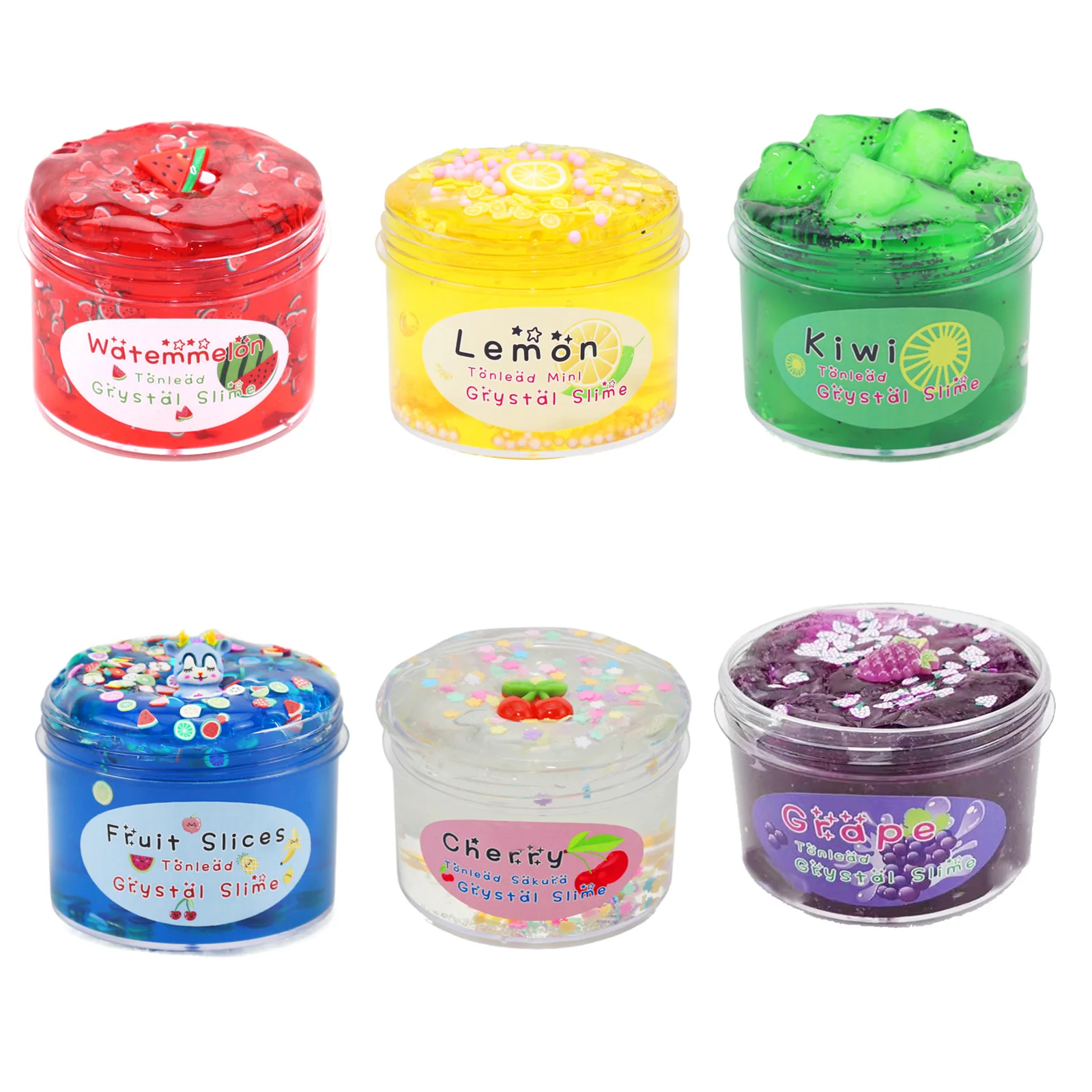 

6 pack DIY Non-toxic Soft Transparent Clay Play Dough With Charms Butter Fluffy Clear Fruit Butter Slime Crystal Mud set