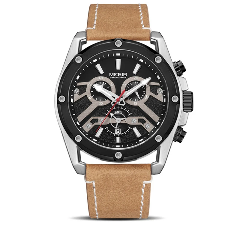

MEGIR 2120 Quartz Watches Men 24 Hours Chronograph Wristwatch Man Top Brand Luxury Clock Leather Watch