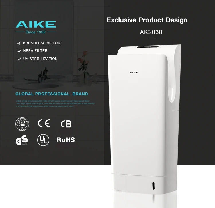 AK2030 China Professional Manufacturer AIKE Bathroom Hygiene Accessories 1850W Electric Automatic Jet air Hand Dryer with hepa
