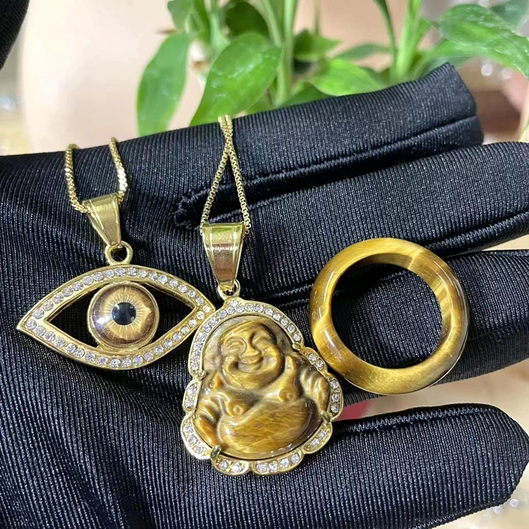 

Christmas ! stainless steel gold plated diamond buddha pendant tiger evil eye necklace jade ring stone mens jewelry women charm