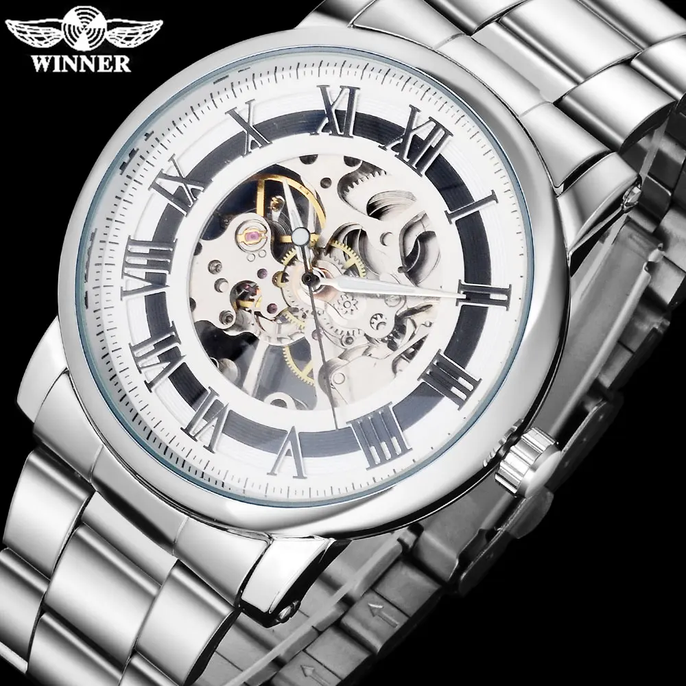WINNER china brand men business mechanical hand wind watch skeleton dial silver case transparent glass stainless steel band
WINNER china brand men business mechanical hand wind watch skeleton dial silver case transparent glass stainless steel band