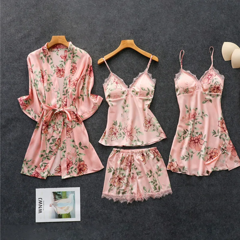 Women Four Piece Pajamas Set Victorias silk pajamas secreted Sexy Lace Robe Set Ladies Elegant Lounge Wear Silk Pyjamas
Women Four Piece Pajamas Set Victorias silk pajamas secreted Sexy Lace Robe Set Ladies Elegant Lounge Wear Silk Pyjamas
