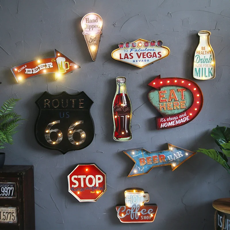 

LED Route 66 Signs, LED Vintage Metal Shop Sign, U.S. 66 High Way Road LED Tin Sign for Home & Garage Wall Decoration, As image