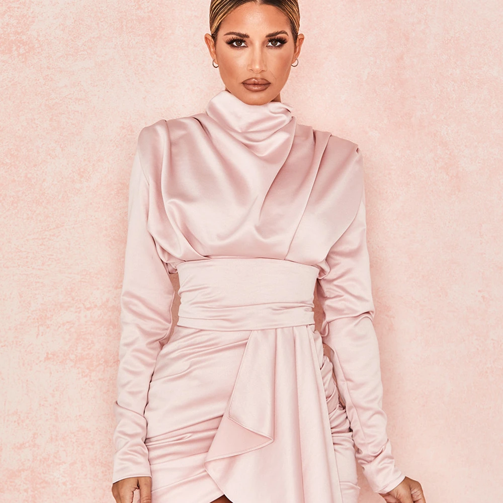 Fashion nova Pink Pleated Inverted V Satin Bodycon Dresses Elegant Clothing High Collar Belt Tie Spring Mini Dress, As picture
Fashion nova Pink Pleated Inverted V Satin Bodycon Dresses Elegant Clothing High Collar Belt Tie Spring Mini Dress, As picture