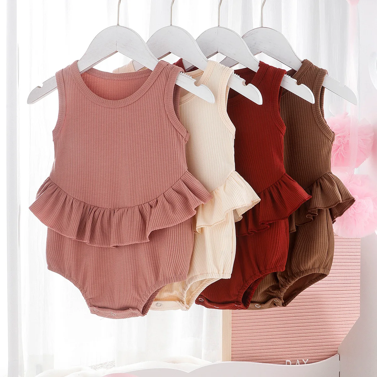

Newborn Baby Girl Sleeveless Ribbed Rompers falbala One-Piece Bodysuit Solid Color, 5colors for choose