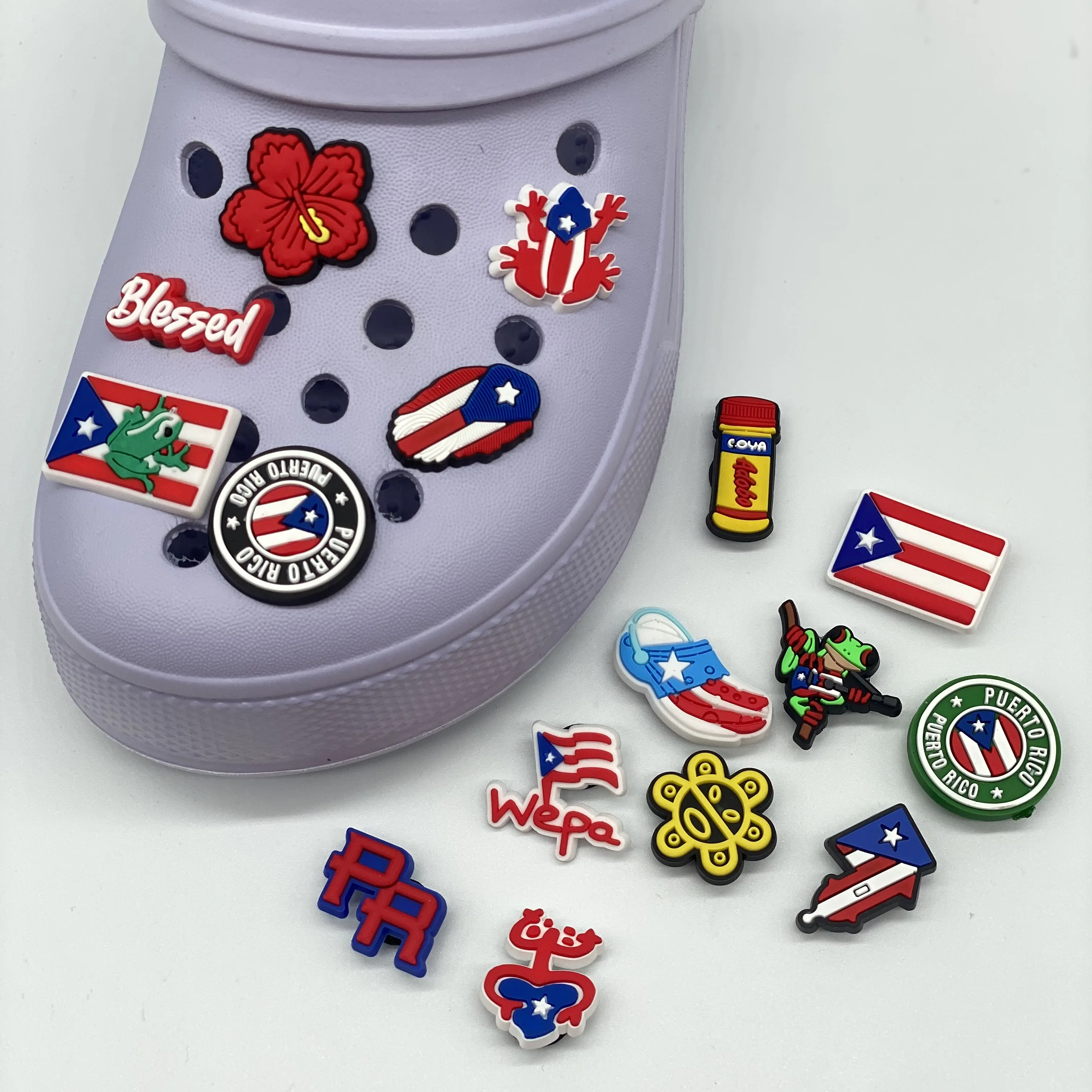 

100+pcs factory Bulk Puerto Rico flag New Soft PVC shoe charms Cartoon Croc Shoe Charm accessories for PR gift clog charm
