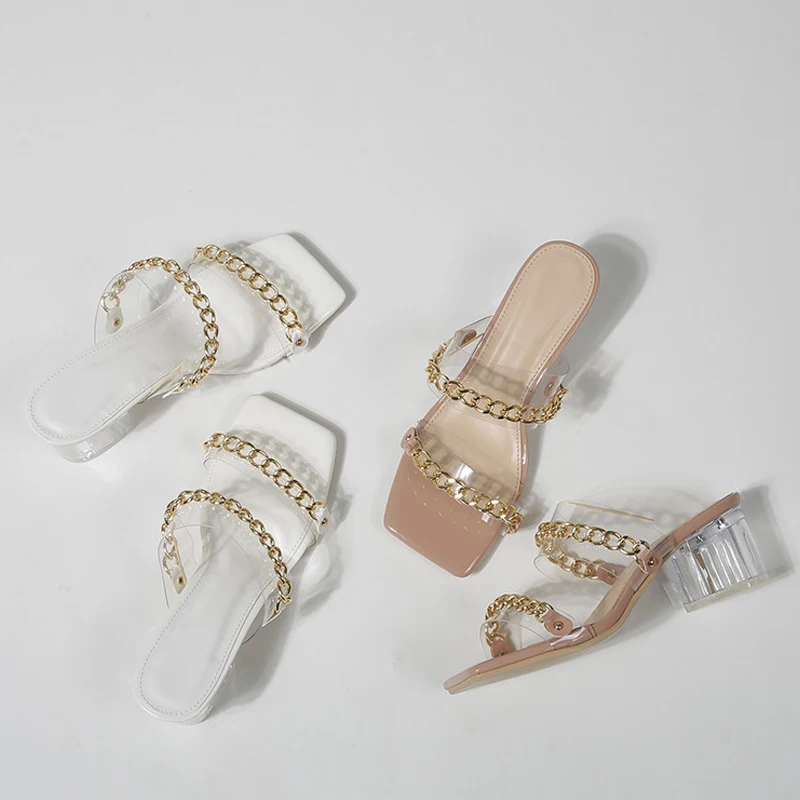 Transparent PVC Women Slippers Fashion Metal Chain Design Ladies Party Shoes Crystal Square Heels Summer Sandals 
Transparent PVC Women Slippers Fashion Metal Chain Design Ladies Party Shoes Crystal Square Heels Summer Sandals