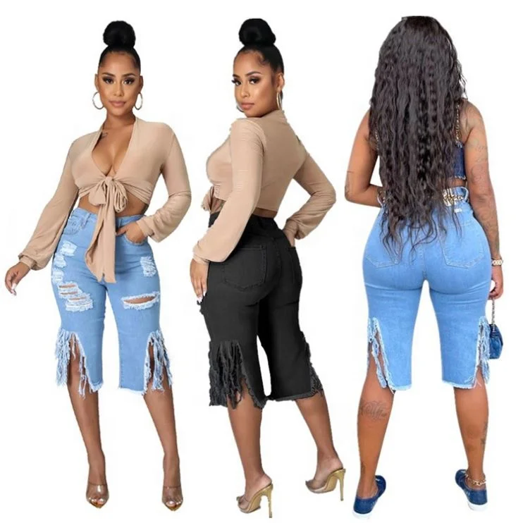 Custom High Waist Washed Destroyed Tassel Women Casual Knee Length Pants Denim Jeans
Custom High Waist Washed Destroyed Tassel Women Casual Knee Length Pants Denim Jeans