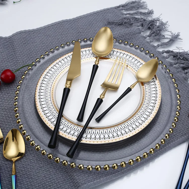 modern style wedding restaurant stainless steel spoon and fork cutlery luxury matte gold flatware with black handle, Customized
modern style wedding restaurant stainless steel spoon and fork cutlery luxury matte gold flatware with black handle, Customized