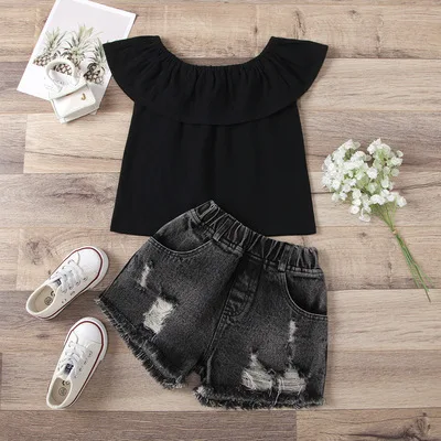 2021 New Style Solid Color One-shoulder Top + Denim Shorts With Open Pockets And Holes For Girls And Kids Shorts Children
2021 New Style Solid Color One-shoulder Top + Denim Shorts With Open Pockets And Holes For Girls And Kids Shorts Children