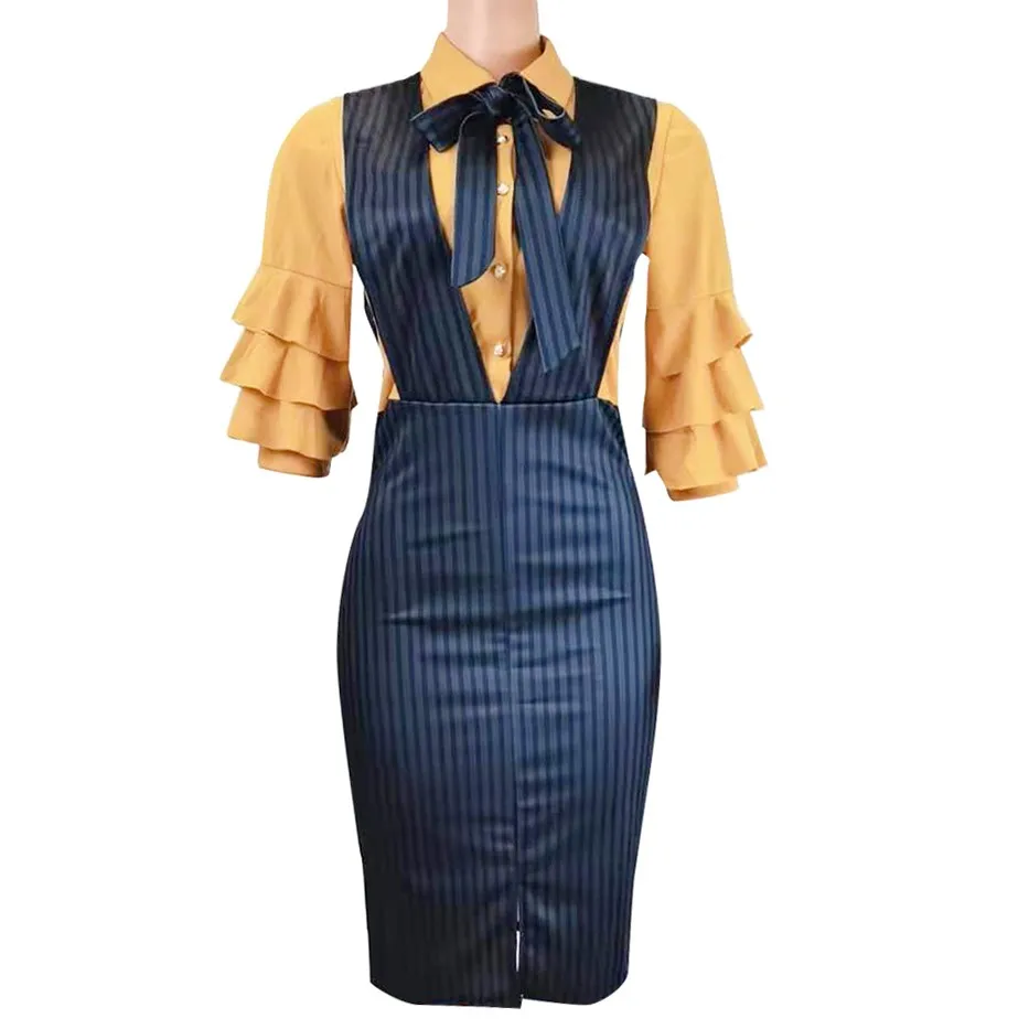 Women's clothing elegant Stripe Print Ruffle Chiffon Sleeve Bow tie neck shirt Collar formal Office ladies work Bodycon Dress, Customized color
Women's clothing elegant Stripe Print Ruffle Chiffon Sleeve Bow tie neck shirt Collar formal Office ladies work Bodycon Dress, Customized color