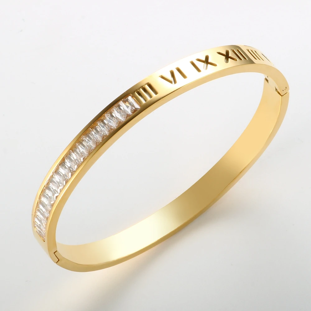 Hot Sale Gold Stainless Steel Quarter Round 5A Square CZ Stone Bangle Bracelet Round Roman Numerals Bangle for Women Jewelry, Silver, gold and rose gold
Hot Sale Gold Stainless Steel Quarter Round 5A Square CZ Stone Bangle Bracelet Round Roman Numerals Bangle for Women Jewelry, Silver, gold and rose gold