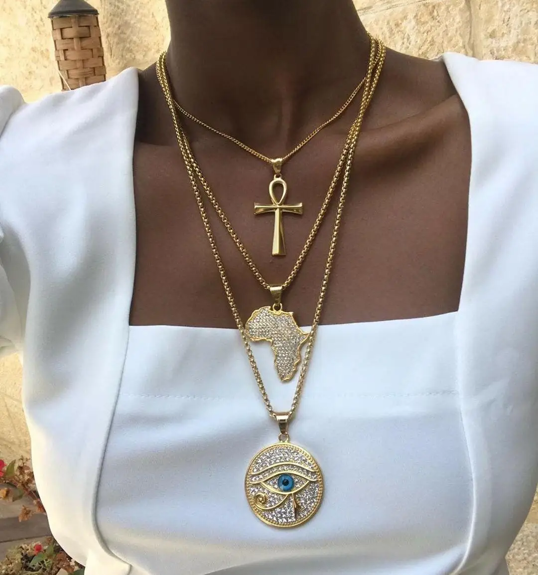 Personality Popular Rhinestone Africa Map Multilayer Necklace Plated Gold Cross Demon Eye Pendant Multilayer Necklace for Women
Personality Popular Rhinestone Africa Map Multilayer Necklace Plated Gold Cross Demon Eye Pendant Multilayer Necklace for Women
