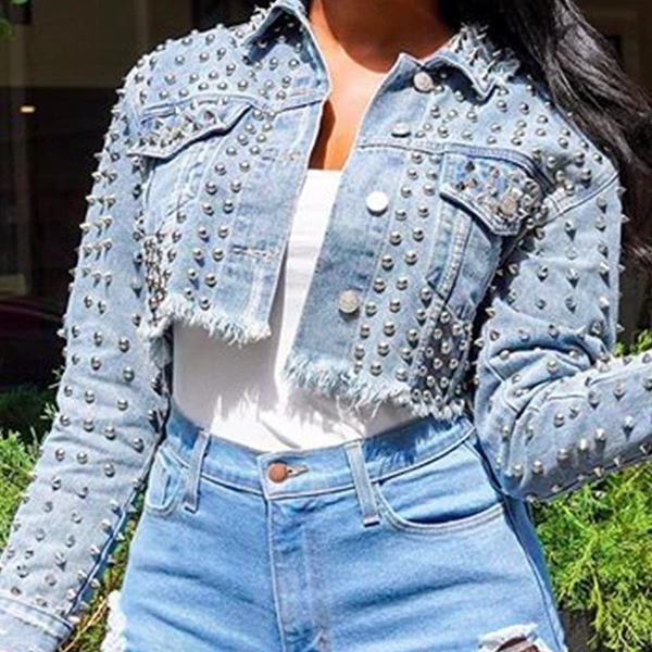 Women New Fashion Turn Down Collar Long Sleeved Cropped Denim Jean Full Rivet Jacket
Women New Fashion Turn Down Collar Long Sleeved Cropped Denim Jean Full Rivet Jacket
