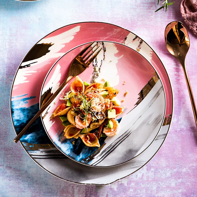 Nordic Style Colorful breakfast tableware handmade round ceramic plate with gold rim, Pink/yellow
Nordic Style Colorful breakfast tableware handmade round ceramic plate with gold rim, Pink/yellow